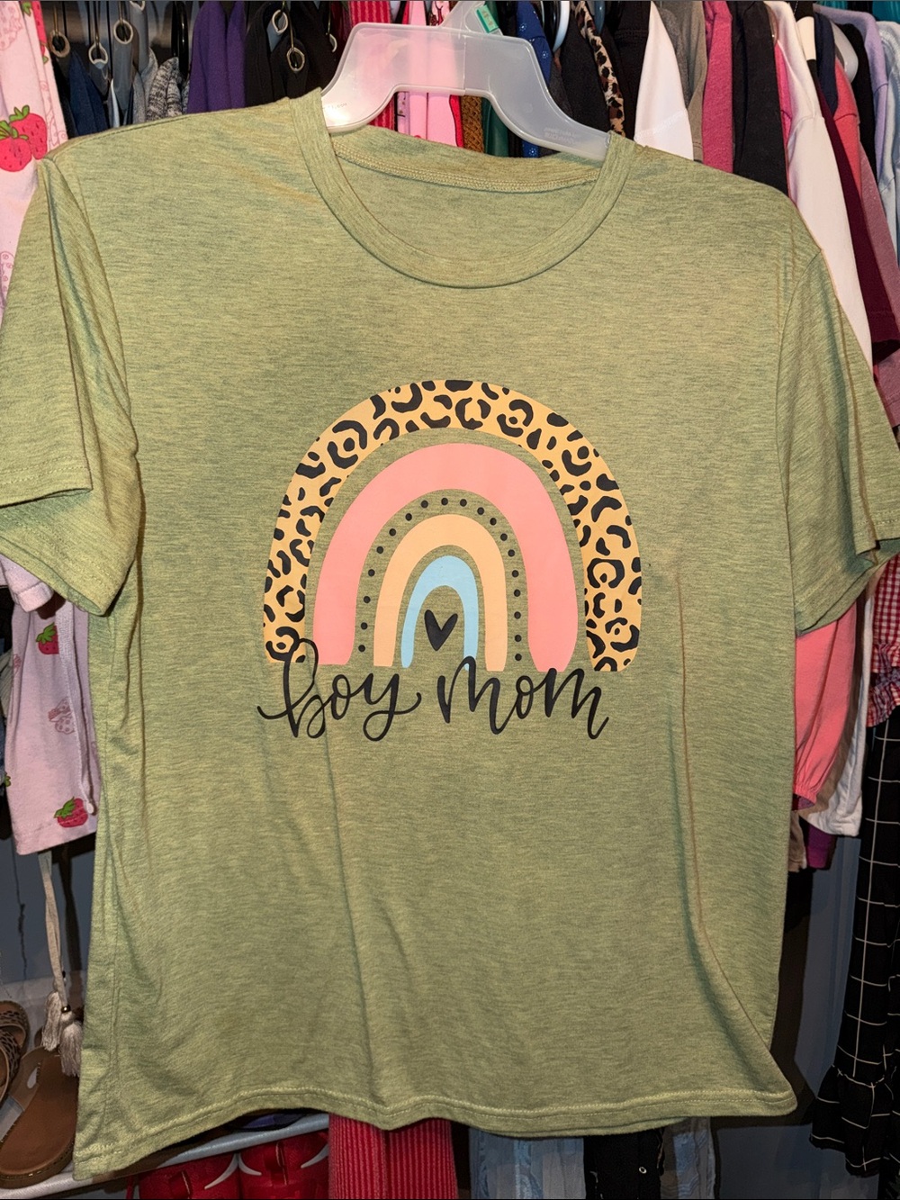 Boy Mom Tee - Olive Green Rainbow Graphic